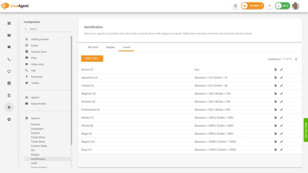 Mga gamification level - LiveAgent