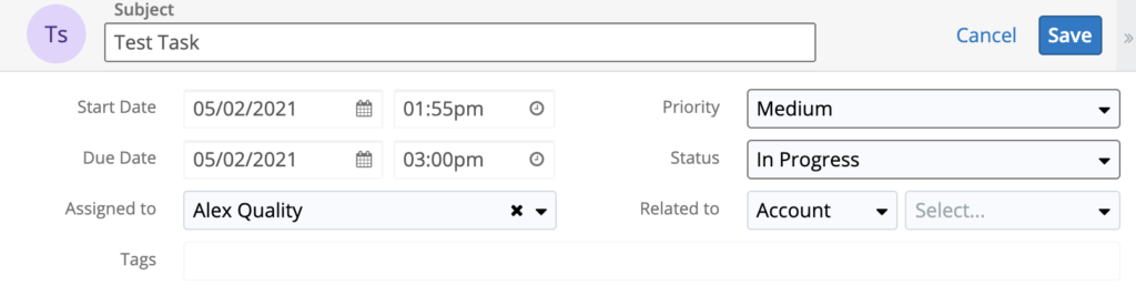 May New Task na ginawa sa SugarCRM